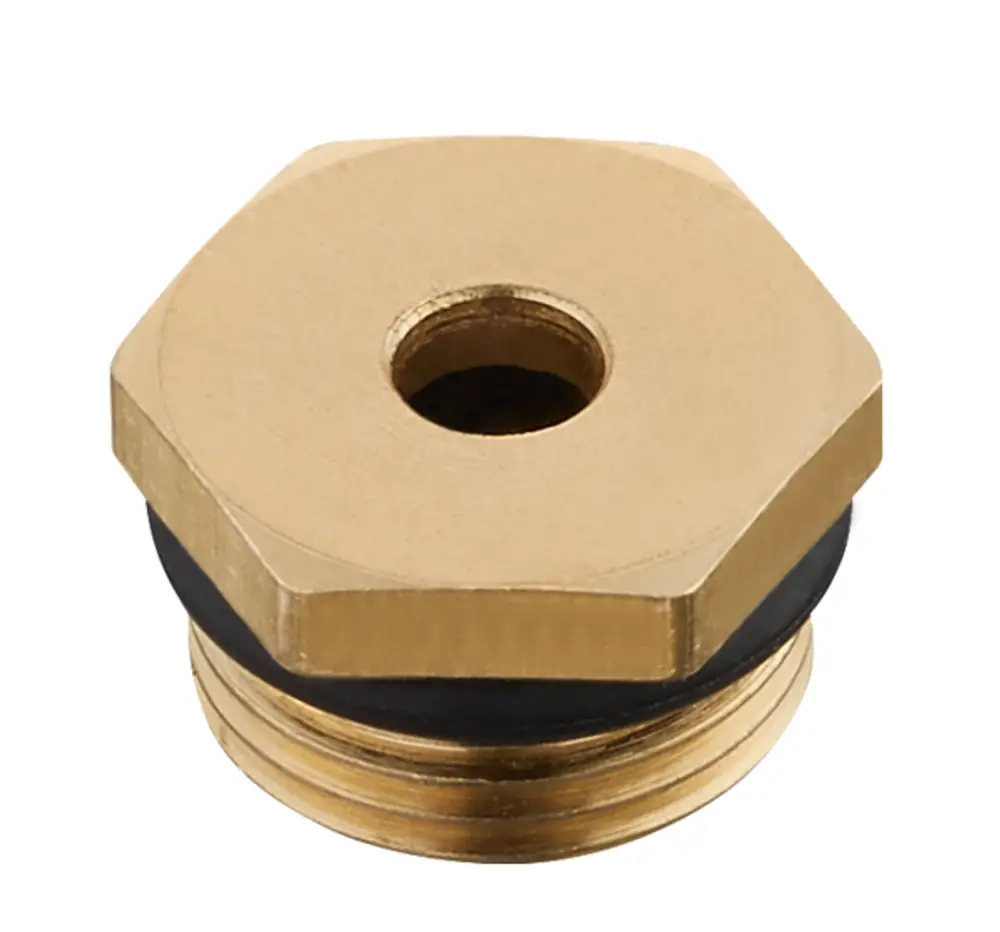 Brass stop screw with a hexagonal shape and a circular hole at the center, featuring a black rubber O-ring at the base. Suitable for Oventrop thermostat valves, excluding specific models.